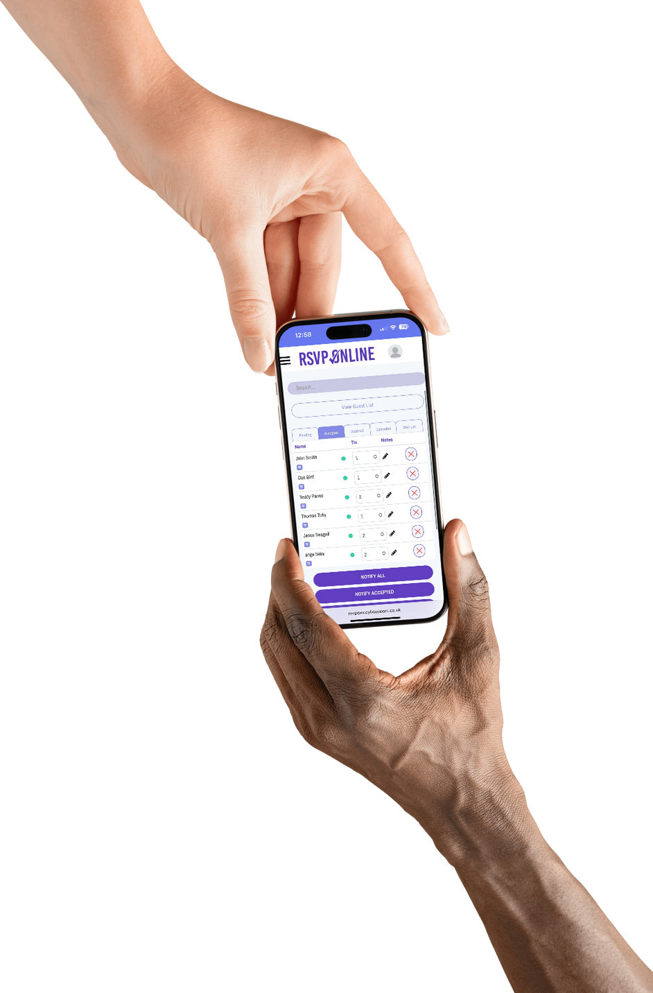 Hands holding a mobile phone displaying an app